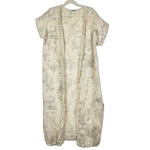 Elena Baldi Linen Duster Cardigan Coverup One Size Floral Boho Lagenlook Beach - Picture 1 of 7